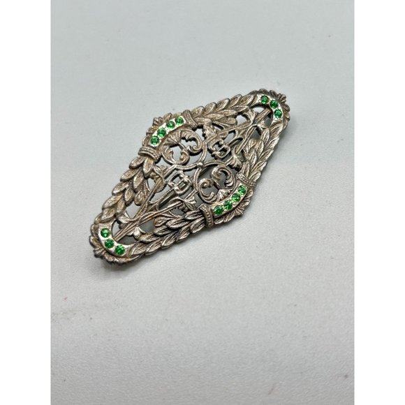 Vintage 1940s Pin Brooch Ornate Pot Metal Foliage Design with Green Rhinestones - Picture 2 of 6